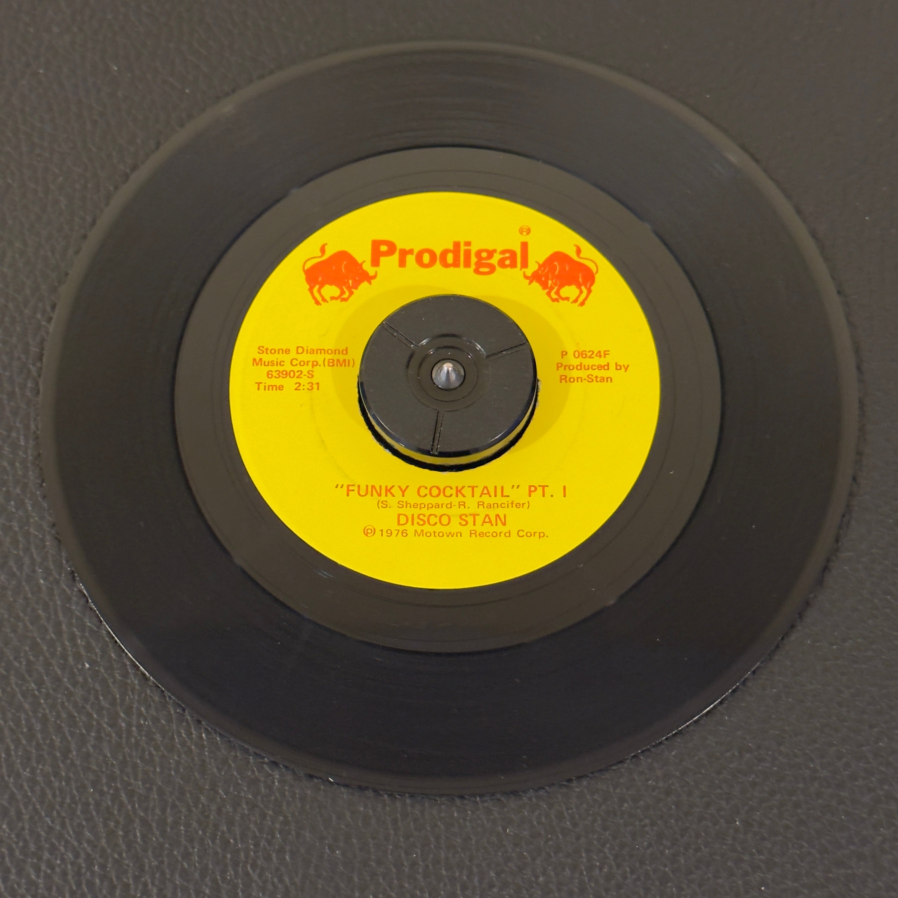 7" vinyl record by Disco Stan featuring "Funky Cocktail Pt I/Funky Cocktail Pt II", released on Prodigal (P 0624 F), in NM (Near Mint) condition, classic analog collectable for turntable playback. Monarch Pressing.