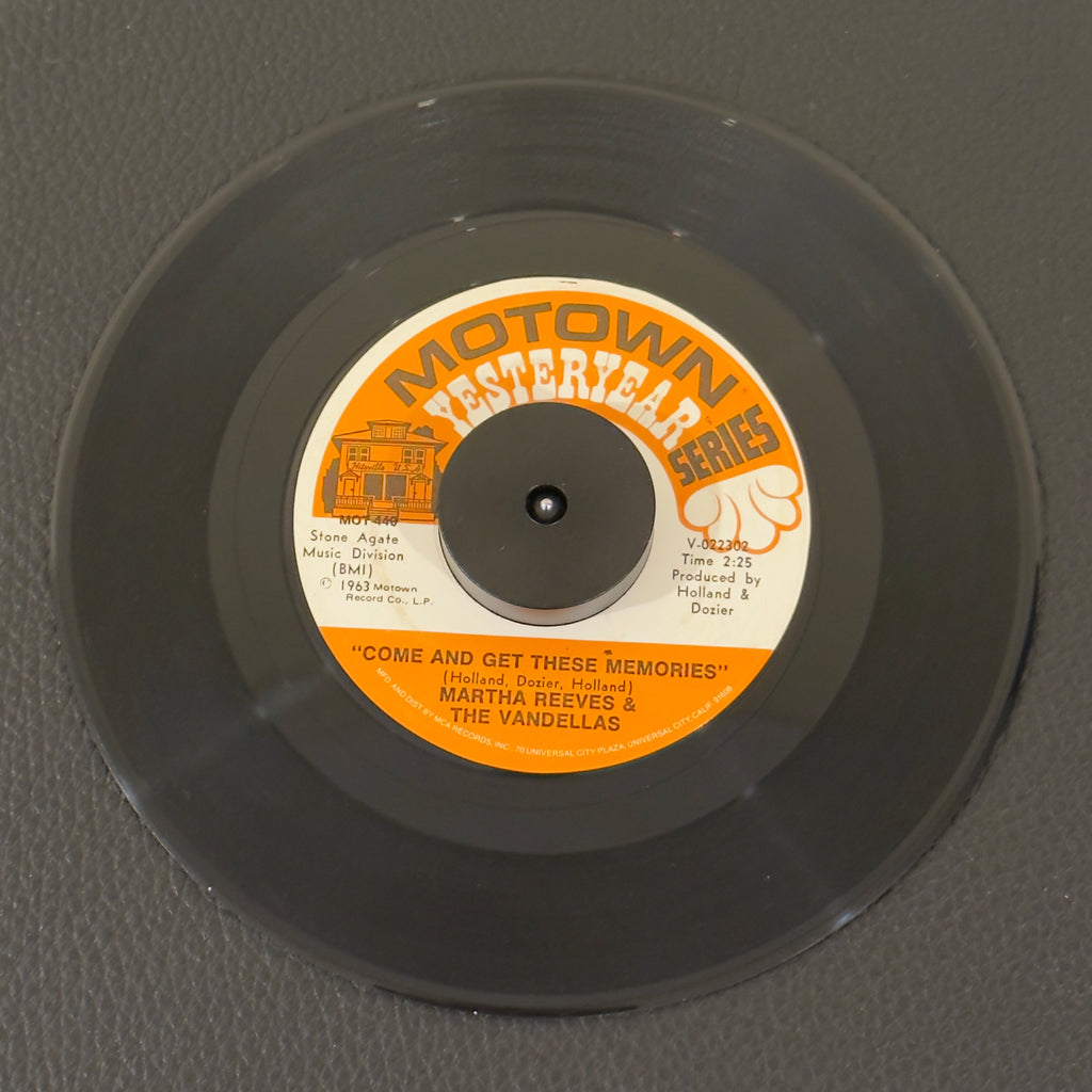 7" vinyl record by Martha Reeves & The Vandellas featuring "Come And Get These Memories/Love Is Like A Heat Wave", released on Motown Yesteryear (MOT-449), in VG+ (Very Good Plus) condition, classic analog collectable for turntable playback. Motown Yesteryear Series - Repress - Plastic Enterprise Pressing.