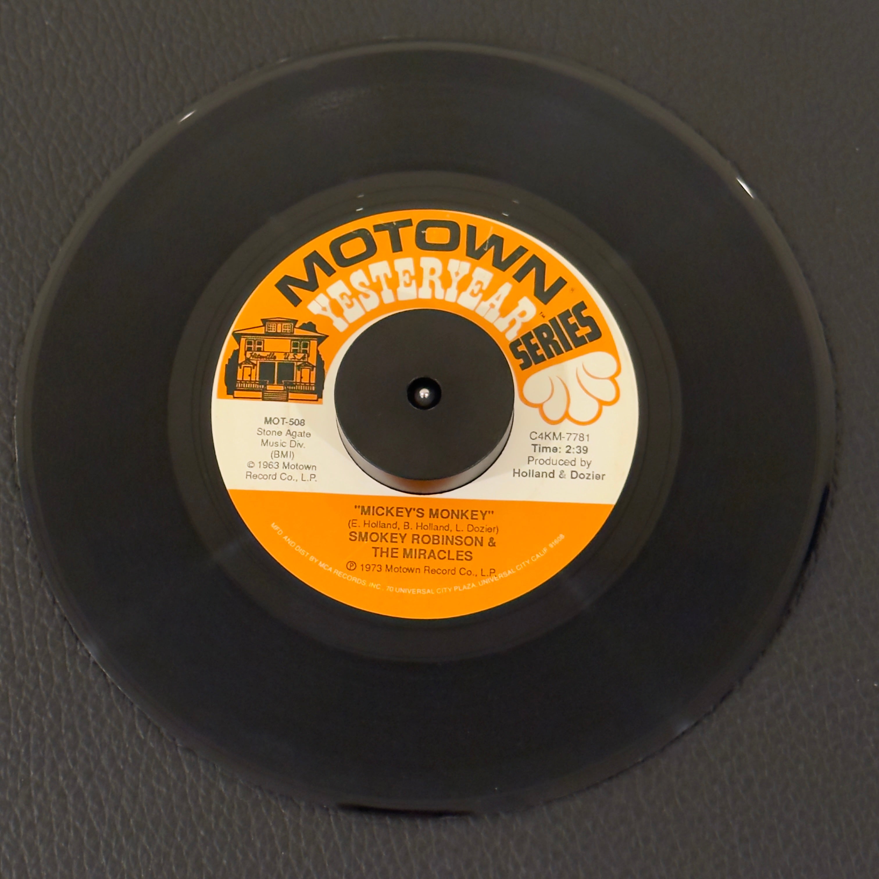 7" vinyl record by Smokey Robinson & The Miracles featuring "Mickey's Monkey/A Love She Can Count On", released on Motown Yesteryear (MOT-508), in VG+ (Very Good Plus) condition, classic analog collectable for turntable playback. Motown Yesteryear Series - Repress.