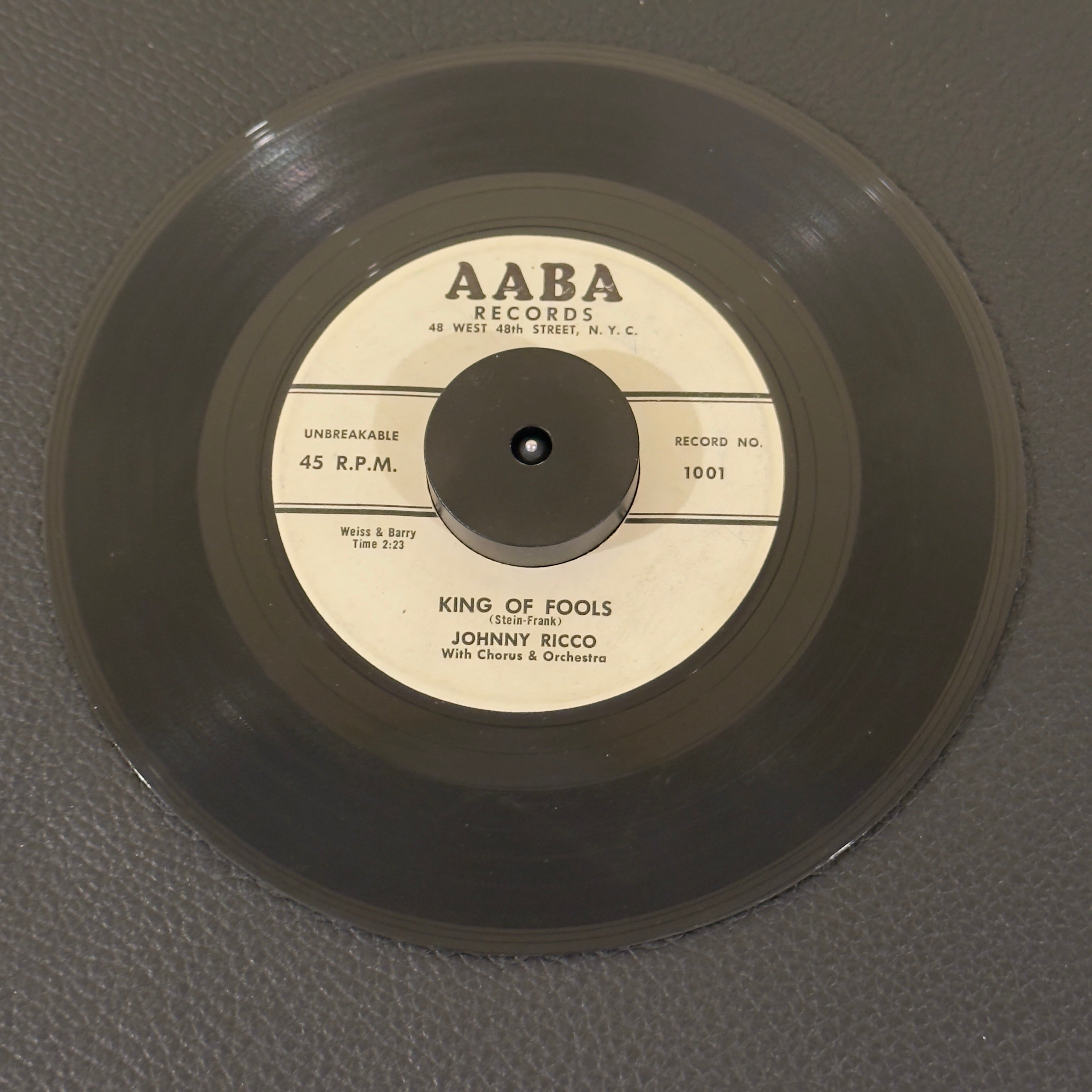 7" vinyl record by Johhny Ricco featuring "King Of Fools/I'll Never Smile Again", released on AABA Records (1001 / 1002), in VG (Very Good) condition, classic analog collectable for turntable playback.