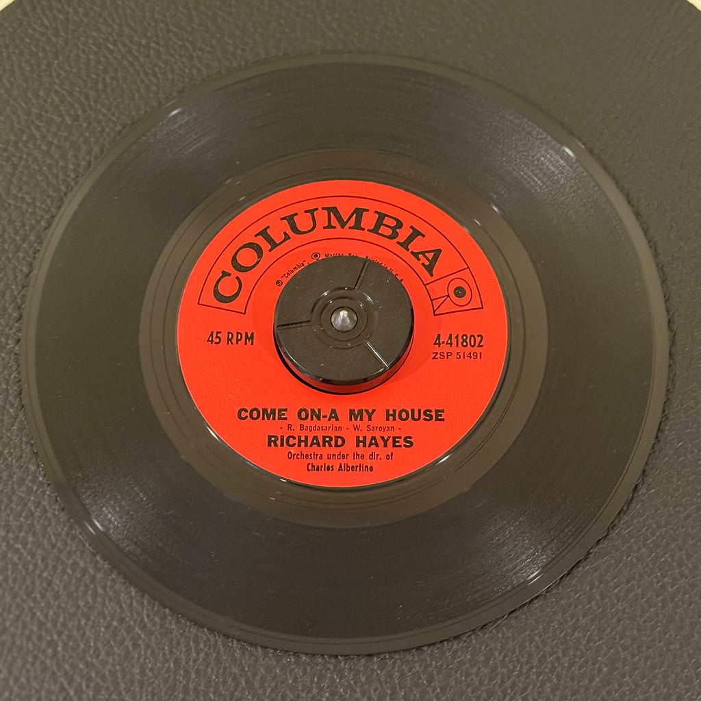 7" vinyl record by Richard Hayes featuring "Come-On-A My House/Italian Style", released on Columbia (4-41802), in VG (Very Good) condition, classic analog collectable for turntable playback. Includes Columbia sleeve.